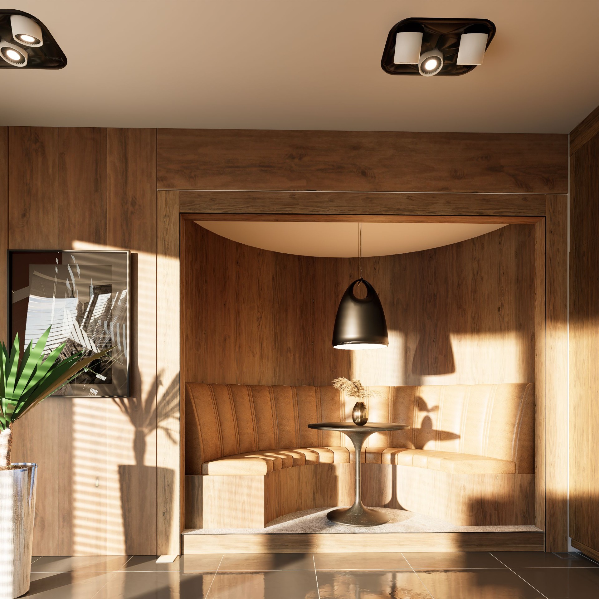 Warm timber booth with pendant lighting